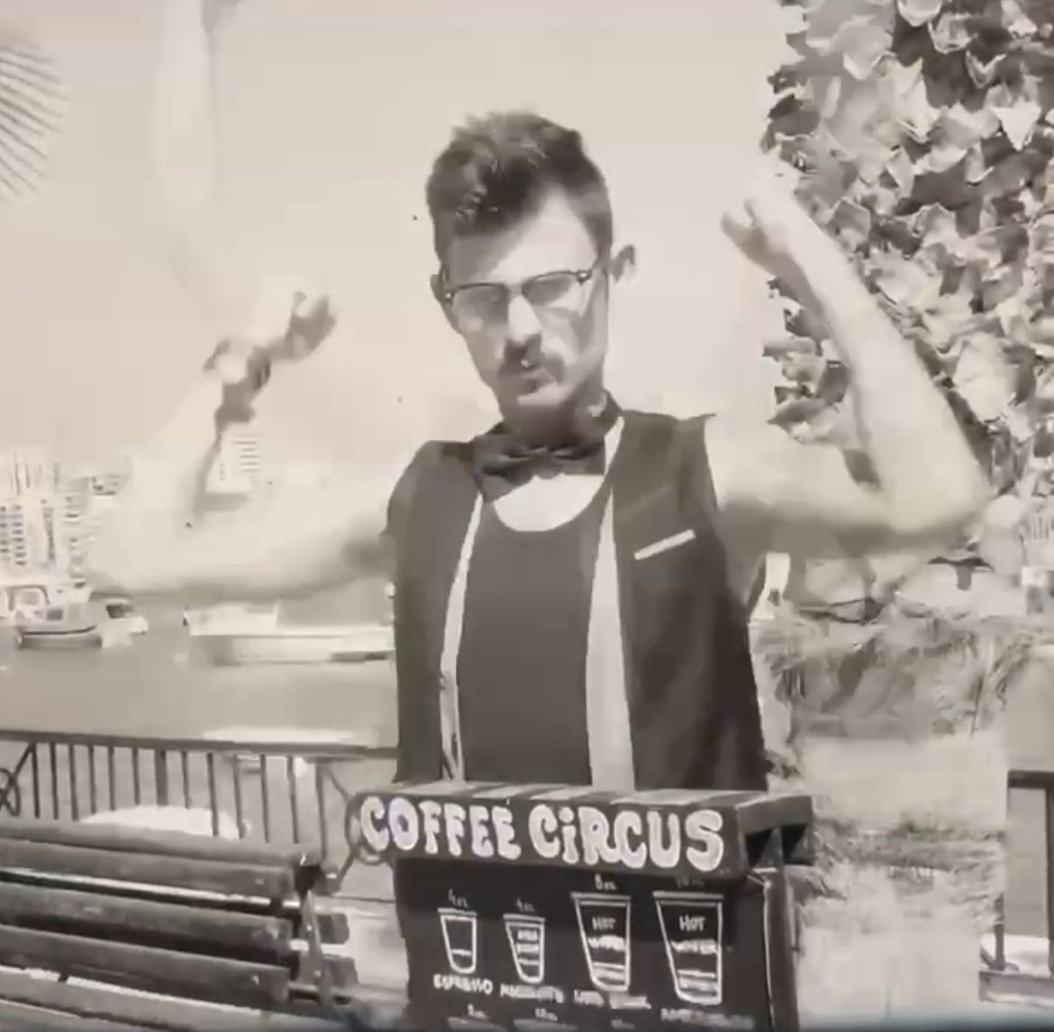 Coffee Circus vintage photo with barista posing in funny way